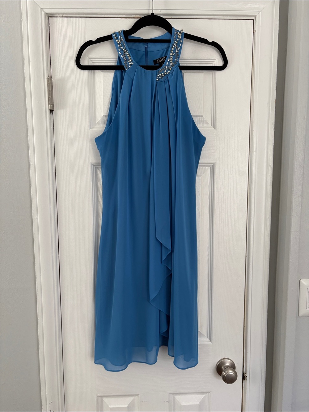 SLNY SL Fashions Blue Embellished Halter Trapeeze Draped Shift Dress 14 Cocktail